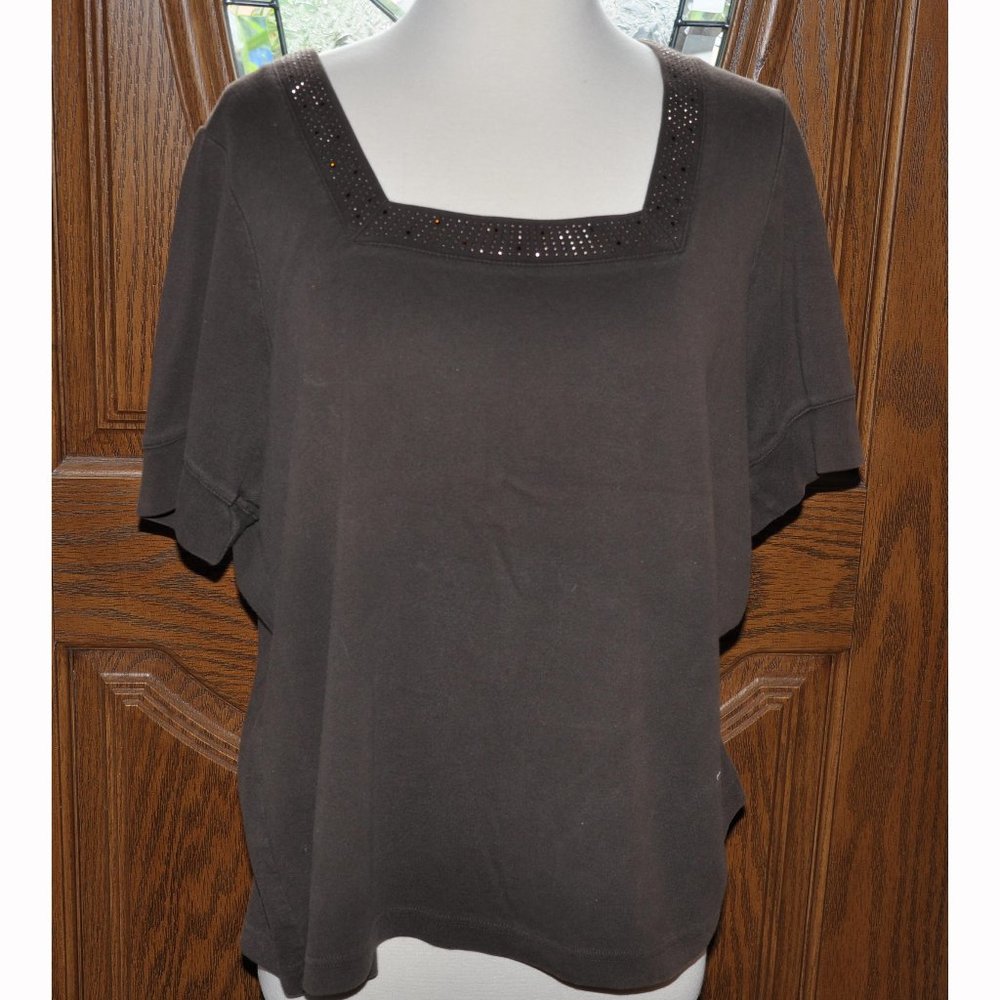 LA Blues Chocolate Brown Jersey Short Sleeve Sparkling Square Neck Casual Top